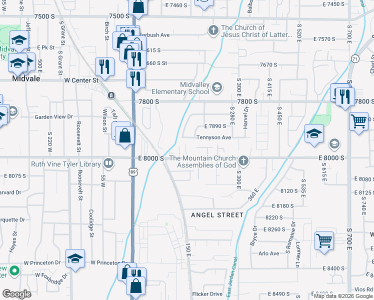 map of restaurants, bars, coffee shops, grocery stores, and more near 173 East 8000 South in Sandy