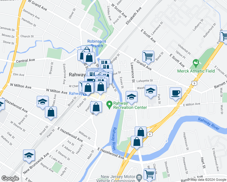 map of restaurants, bars, coffee shops, grocery stores, and more near 195 Dock Street in Rahway