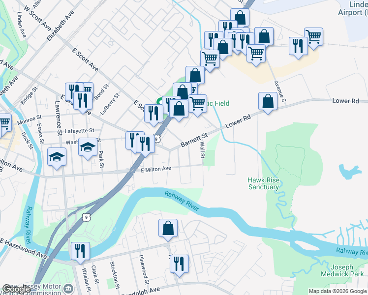 map of restaurants, bars, coffee shops, grocery stores, and more near 2025 Barnett Street in Rahway