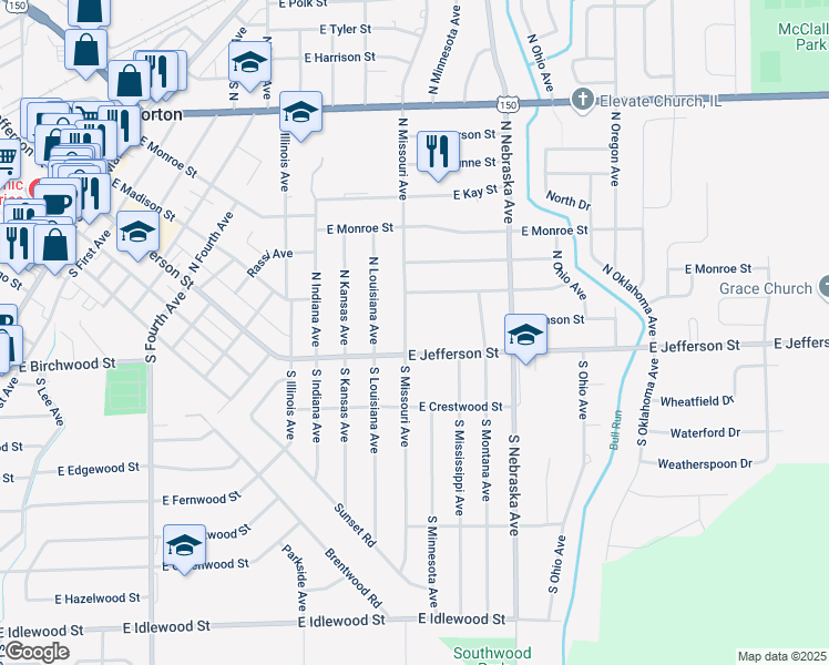 map of restaurants, bars, coffee shops, grocery stores, and more near 116 N Missouri Ave in Morton