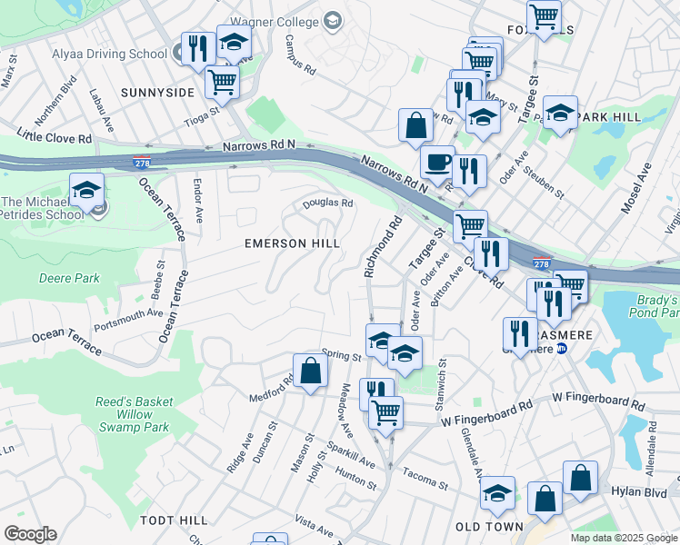 map of restaurants, bars, coffee shops, grocery stores, and more near 55 Douglas Road in Staten Island