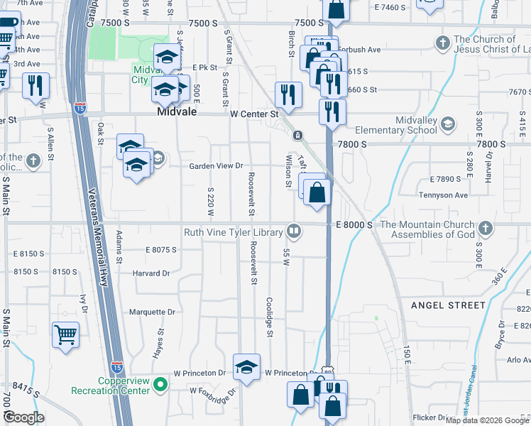 map of restaurants, bars, coffee shops, grocery stores, and more near 7986 Coolidge Street in Midvale