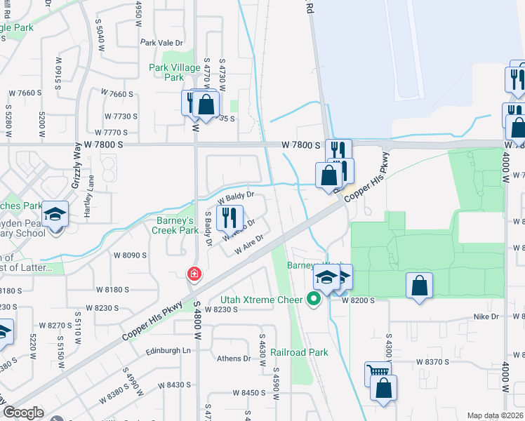 map of restaurants, bars, coffee shops, grocery stores, and more near 7981 Emmons Drive in West Jordan