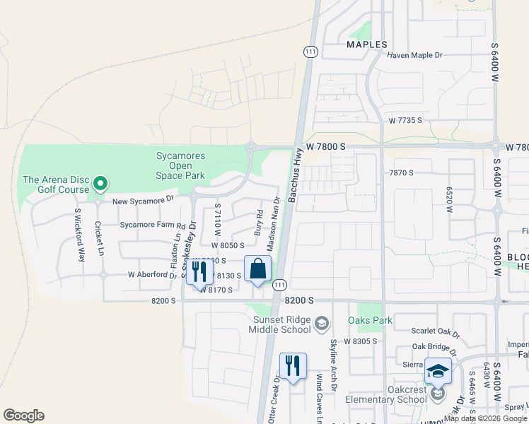 map of restaurants, bars, coffee shops, grocery stores, and more near 7957 Bury Road in West Jordan