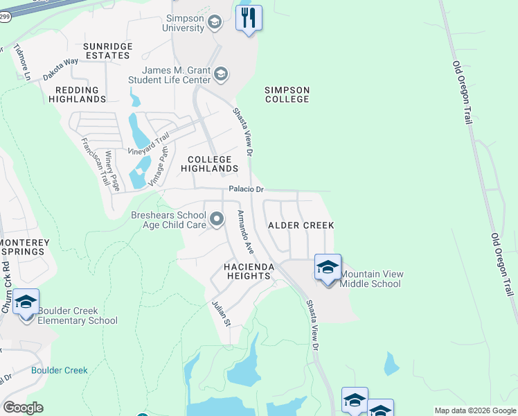 map of restaurants, bars, coffee shops, grocery stores, and more near 518 Castenda Drive in Redding