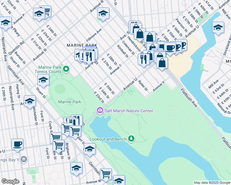map of restaurants, bars, coffee shops, grocery stores, and more near 2164 East 35th Street in Brooklyn