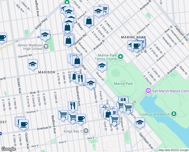 map of restaurants, bars, coffee shops, grocery stores, and more near 1922 Stuart Street in Brooklyn