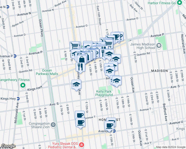map of restaurants, bars, coffee shops, grocery stores, and more near 1770 East 14th Street in Brooklyn