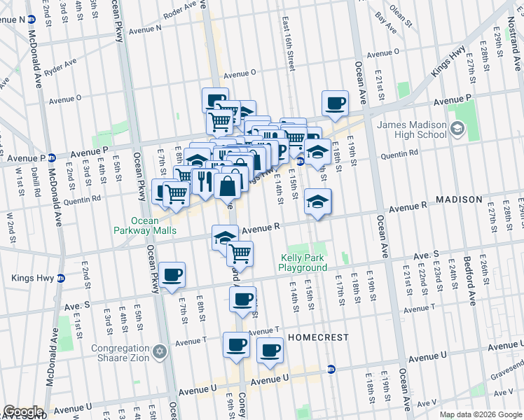 map of restaurants, bars, coffee shops, grocery stores, and more near 1761 East 12th Street in Brooklyn