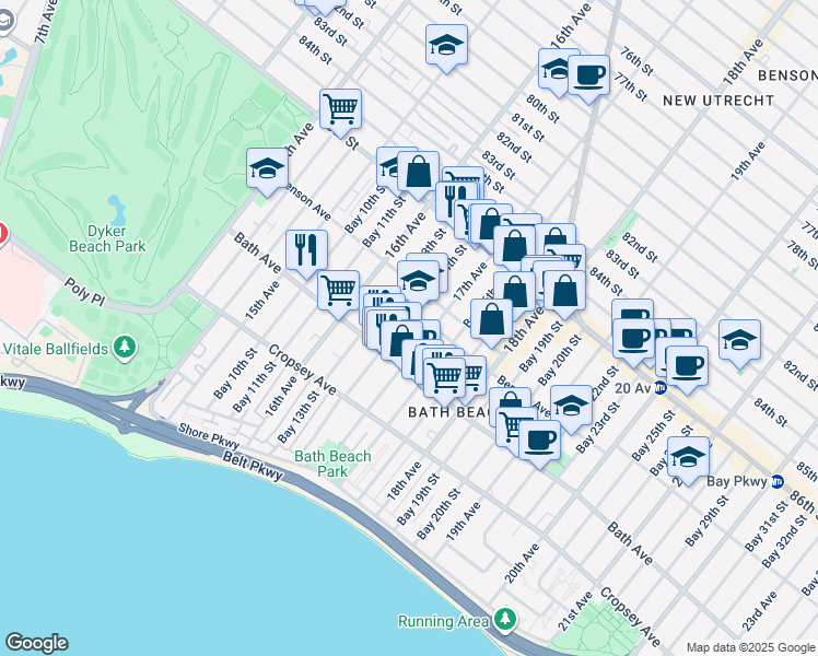 map of restaurants, bars, coffee shops, grocery stores, and more near 130 Bay 14th Street in Brooklyn