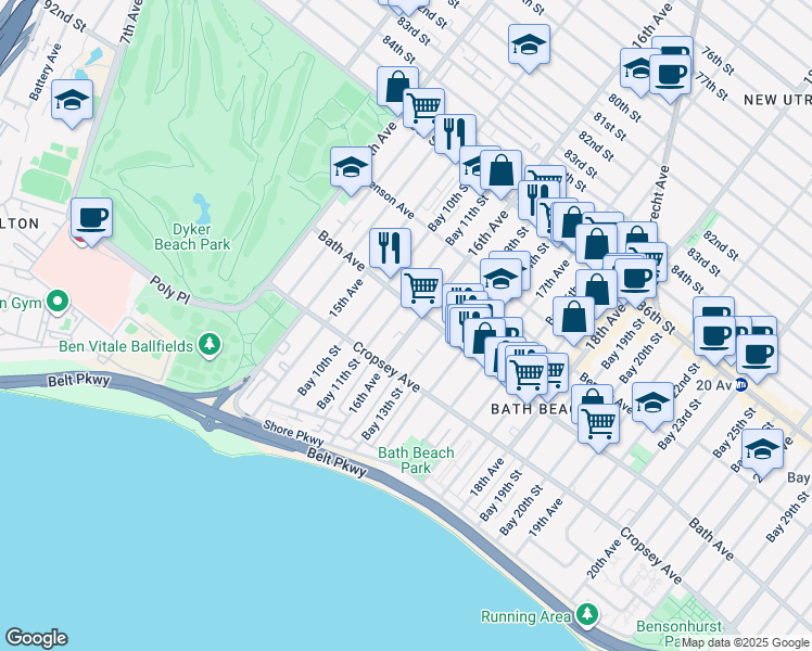 map of restaurants, bars, coffee shops, grocery stores, and more near 8784 16th Avenue in Brooklyn