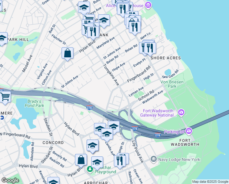 map of restaurants, bars, coffee shops, grocery stores, and more near in Staten Island