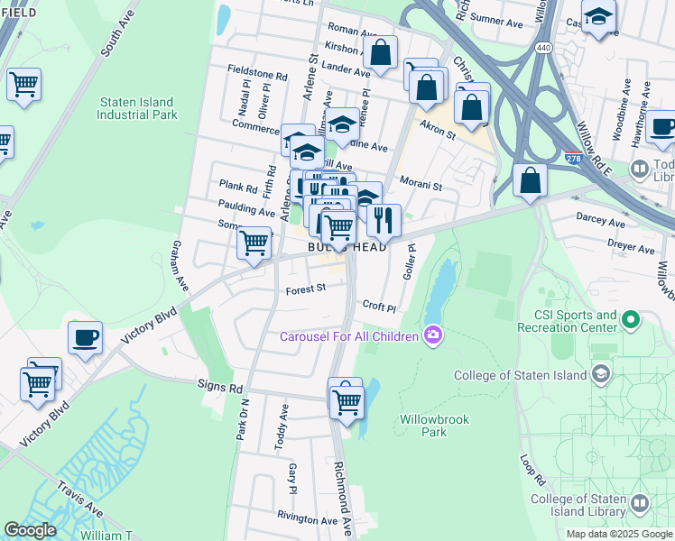 map of restaurants, bars, coffee shops, grocery stores, and more near 3102 Victory Boulevard in Staten Island
