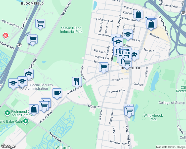 map of restaurants, bars, coffee shops, grocery stores, and more near 46 Nostrand Avenue in Staten Island