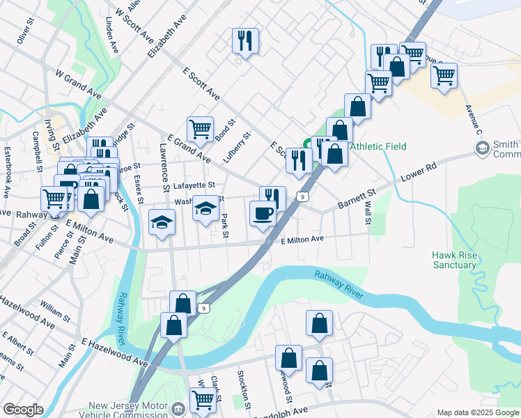 map of restaurants, bars, coffee shops, grocery stores, and more near 1860 Paterson Street in Rahway