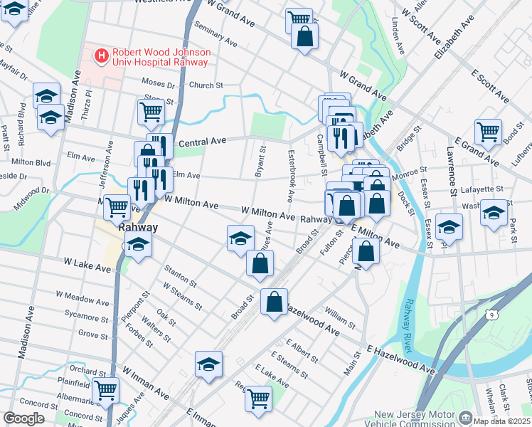 map of restaurants, bars, coffee shops, grocery stores, and more near 205 West Milton Avenue in Rahway