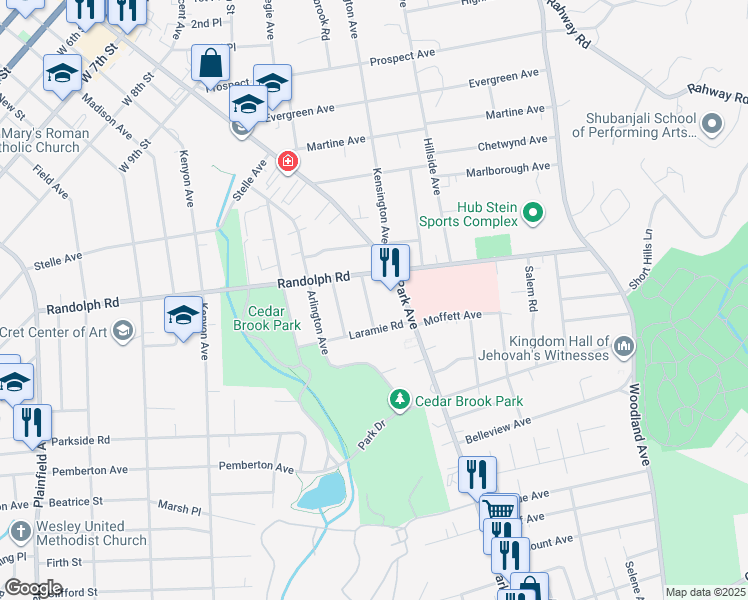 map of restaurants, bars, coffee shops, grocery stores, and more near 1220 Park Avenue in Plainfield