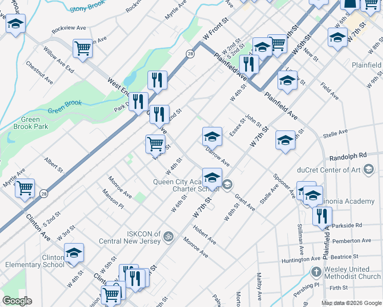 map of restaurants, bars, coffee shops, grocery stores, and more near 414-16 Darrow Avenue in Plainfield