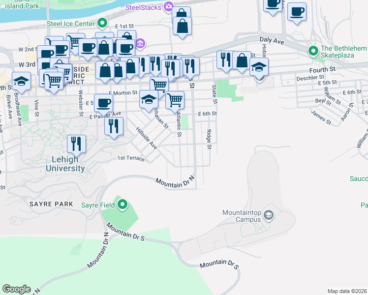 map of restaurants, bars, coffee shops, grocery stores, and more near 700 Atlantic Street in Bethlehem