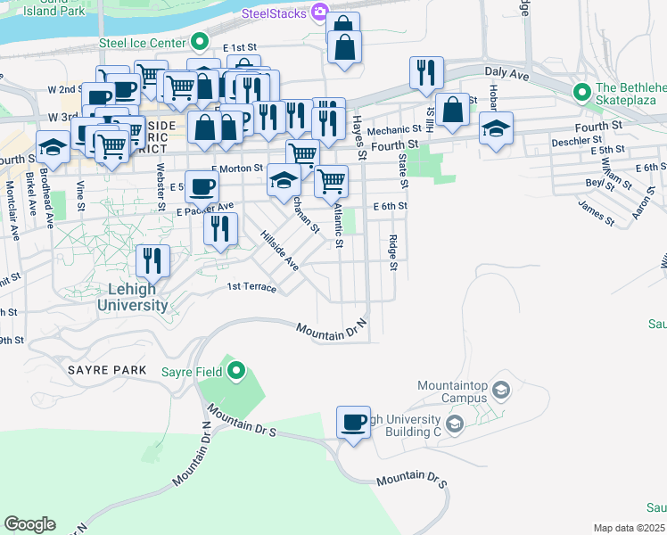 map of restaurants, bars, coffee shops, grocery stores, and more near 700 Atlantic Street in Bethlehem