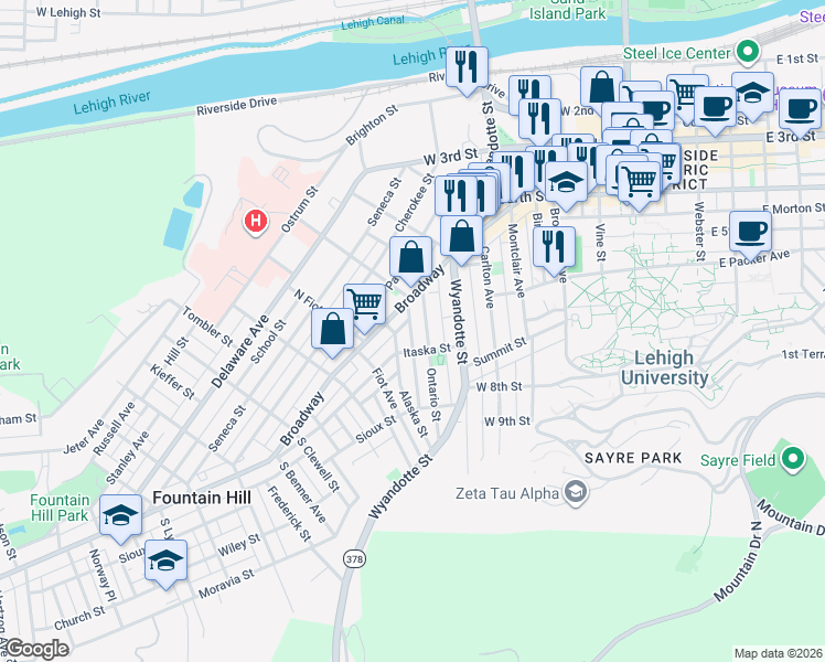 map of restaurants, bars, coffee shops, grocery stores, and more near 539 Jischke Street in Bethlehem