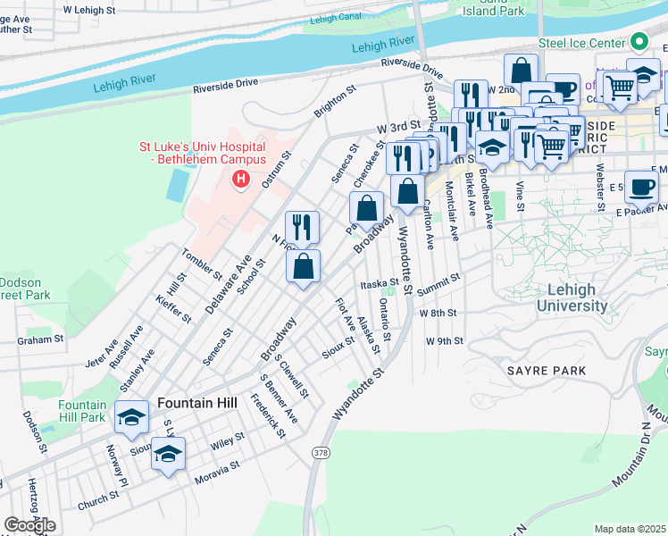 map of restaurants, bars, coffee shops, grocery stores, and more near 641 Broadway in Bethlehem
