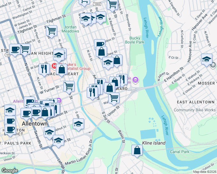 map of restaurants, bars, coffee shops, grocery stores, and more near 32 North 2nd Street in Allentown