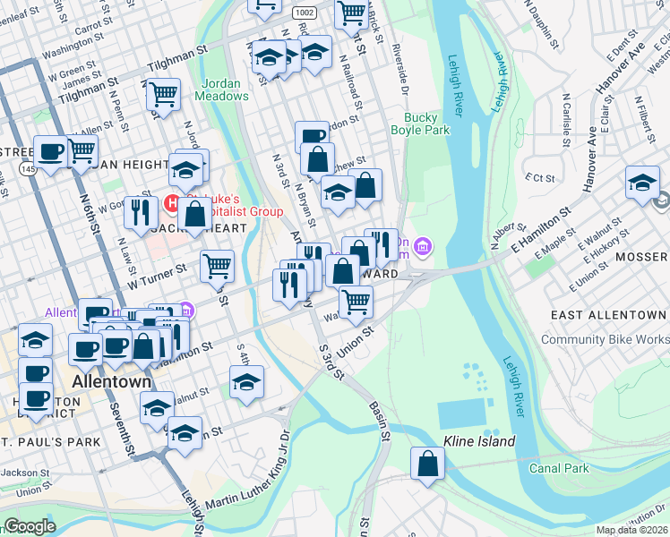 map of restaurants, bars, coffee shops, grocery stores, and more near 32 North 2nd Street in Allentown