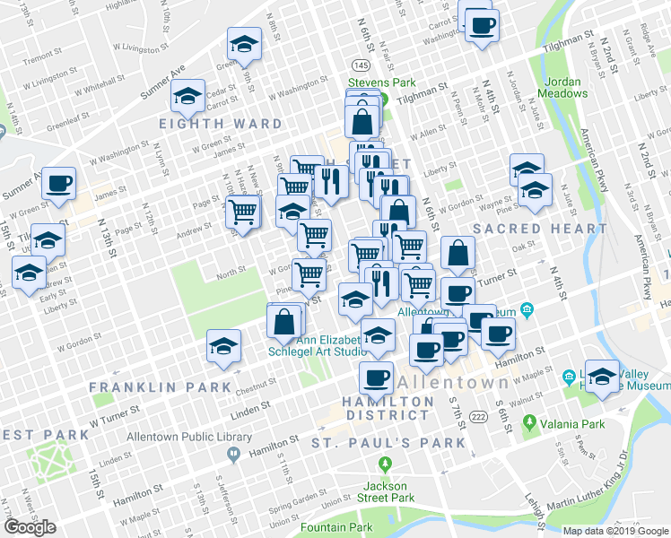 map of restaurants, bars, coffee shops, grocery stores, and more near 336 North Lumber Street in Allentown