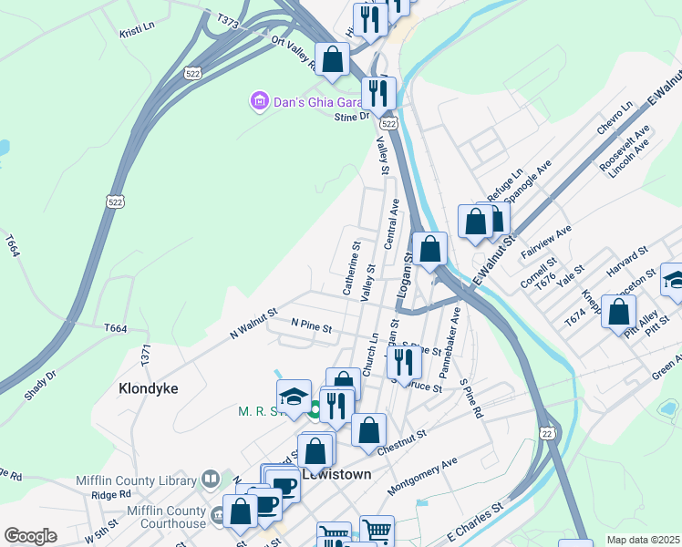 map of restaurants, bars, coffee shops, grocery stores, and more near 20 Catherine Street in Lewistown
