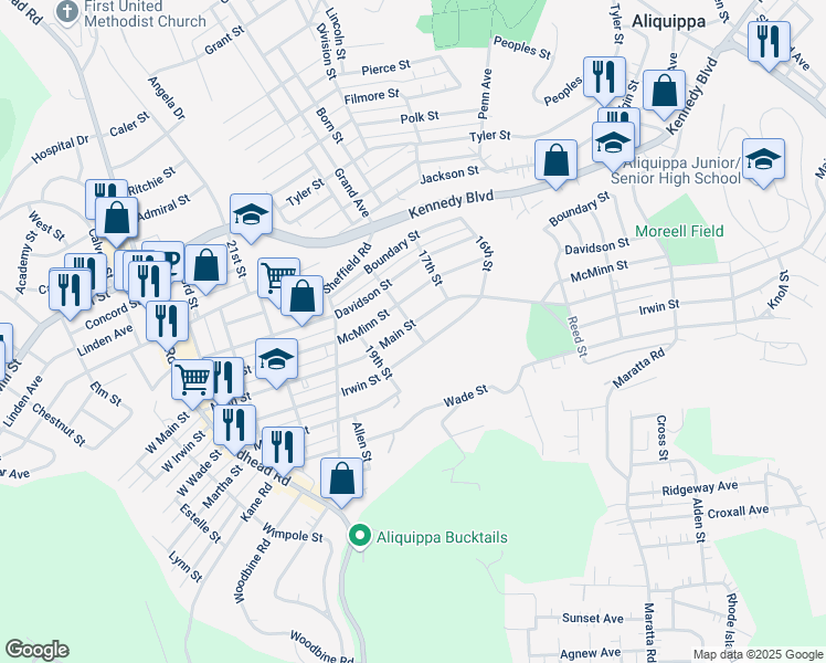 map of restaurants, bars, coffee shops, grocery stores, and more near 1804 Main Street in Aliquippa