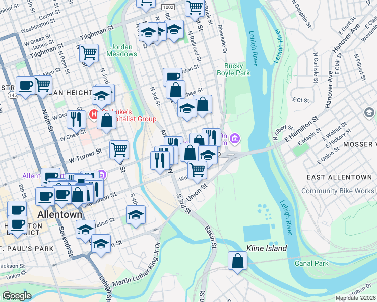 map of restaurants, bars, coffee shops, grocery stores, and more near 32 North 2nd Street in Allentown