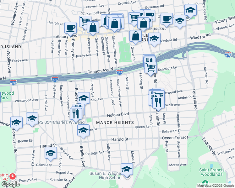 map of restaurants, bars, coffee shops, grocery stores, and more near 226 Gansevoort Boulevard in Staten Island