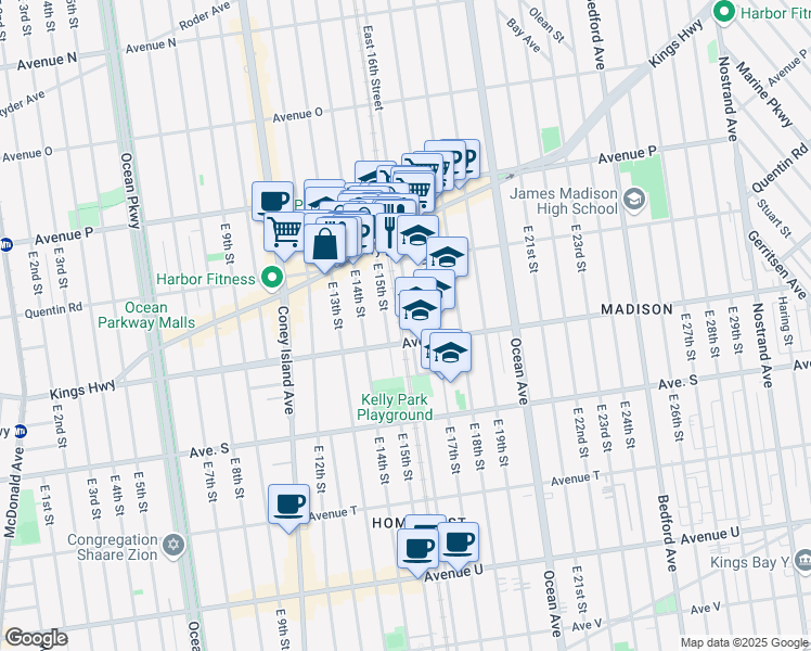 map of restaurants, bars, coffee shops, grocery stores, and more near 1782 East 16th Street in Brooklyn