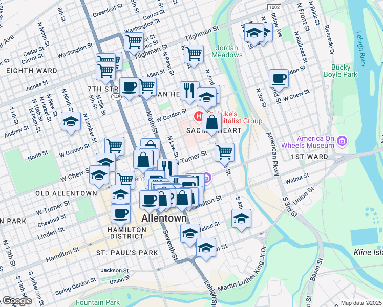 map of restaurants, bars, coffee shops, grocery stores, and more near 477 West Turner Street in Allentown