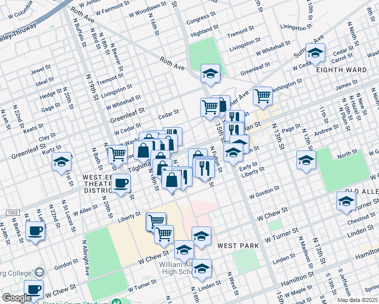 map of restaurants, bars, coffee shops, grocery stores, and more near 1620 West Tilghman Street in Allentown