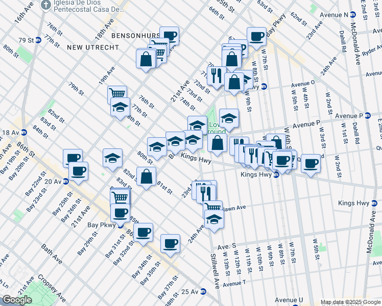 map of restaurants, bars, coffee shops, grocery stores, and more near 105 Kings Highway in Brooklyn