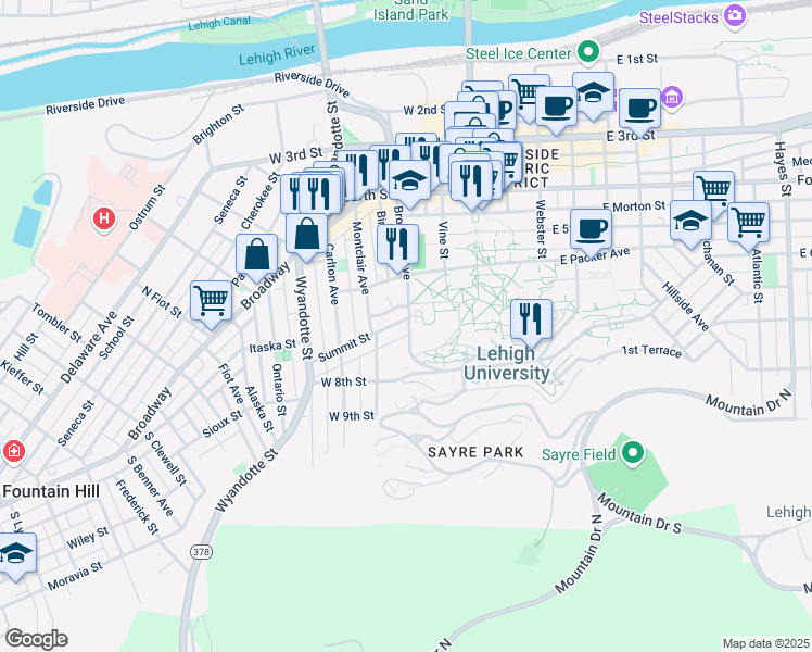 map of restaurants, bars, coffee shops, grocery stores, and more near 204 Summit Street in Bethlehem