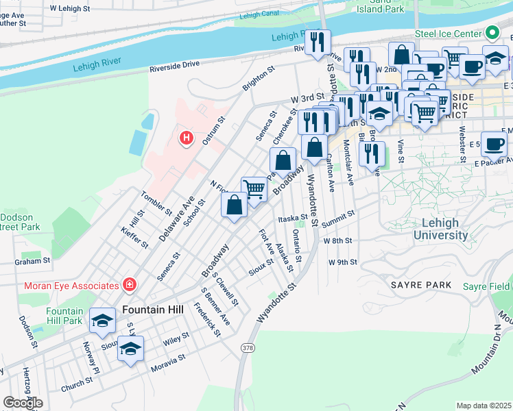 map of restaurants, bars, coffee shops, grocery stores, and more near 715 Broadway in Bethlehem