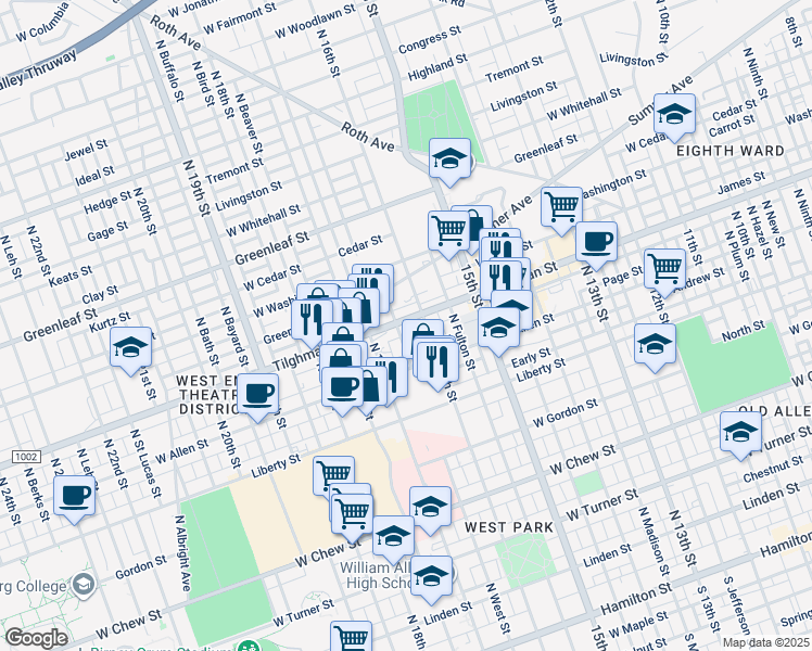 map of restaurants, bars, coffee shops, grocery stores, and more near 1620 West Tilghman Street in Allentown