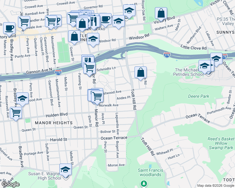 map of restaurants, bars, coffee shops, grocery stores, and more near 216 Westwood Avenue in Staten Island