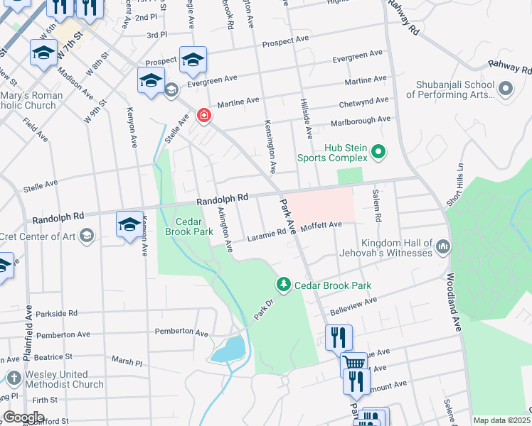 map of restaurants, bars, coffee shops, grocery stores, and more near 1220 Park Avenue in Plainfield