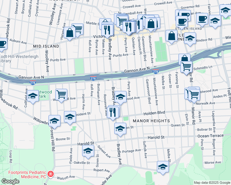 map of restaurants, bars, coffee shops, grocery stores, and more near 211 Bradley Avenue in Staten Island