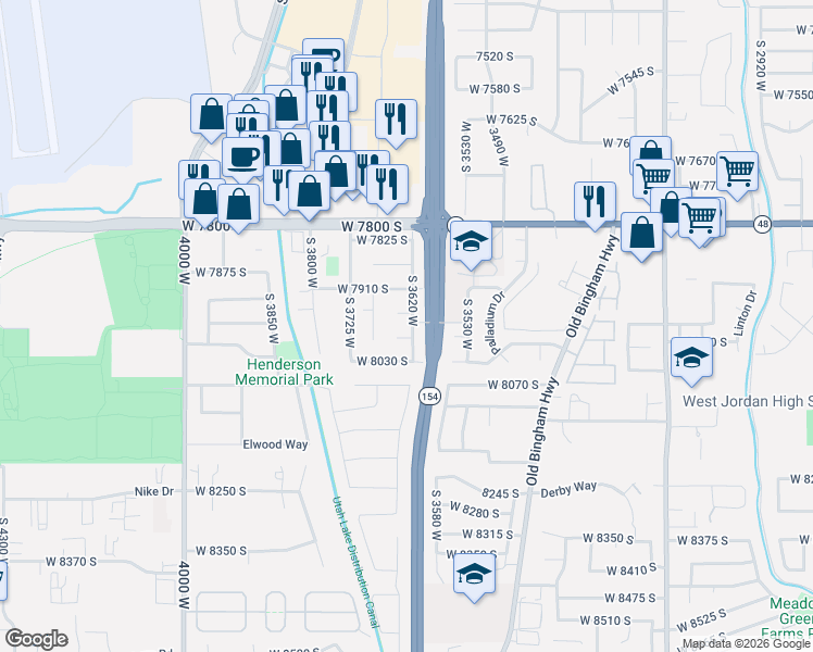 map of restaurants, bars, coffee shops, grocery stores, and more near 3639 West 7950 South in West Jordan