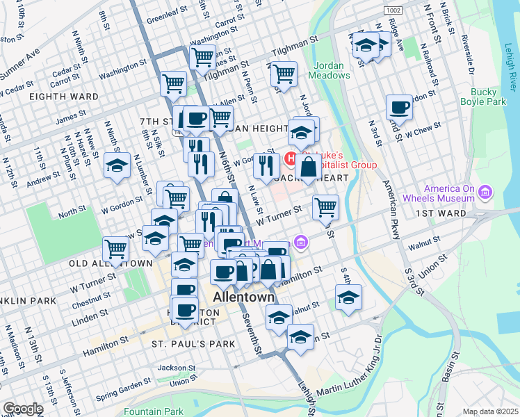map of restaurants, bars, coffee shops, grocery stores, and more near 526 Oak Street in Allentown