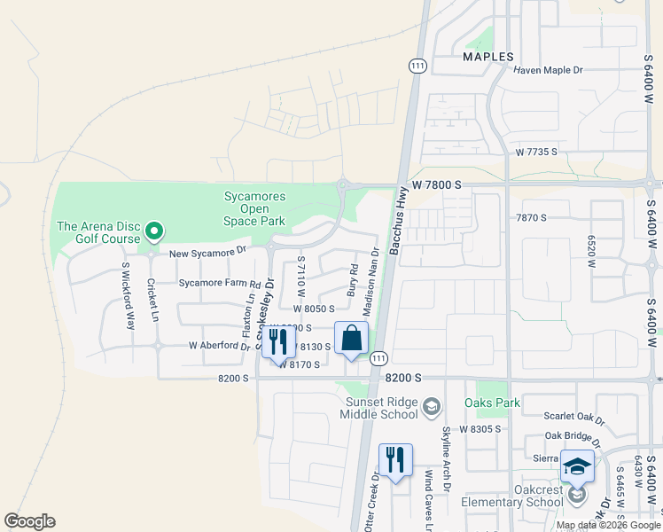 map of restaurants, bars, coffee shops, grocery stores, and more near 7046 Dry Sycamore Lane in West Jordan