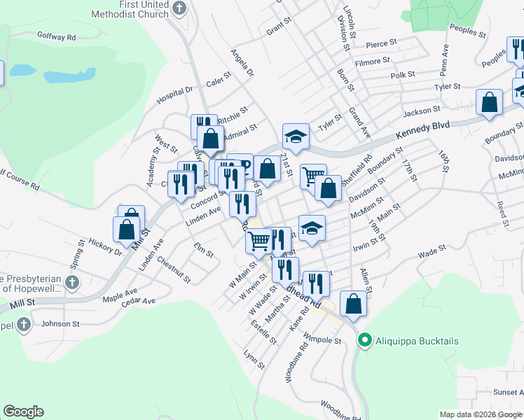 map of restaurants, bars, coffee shops, grocery stores, and more near 2205 Sheffield Road in Aliquippa