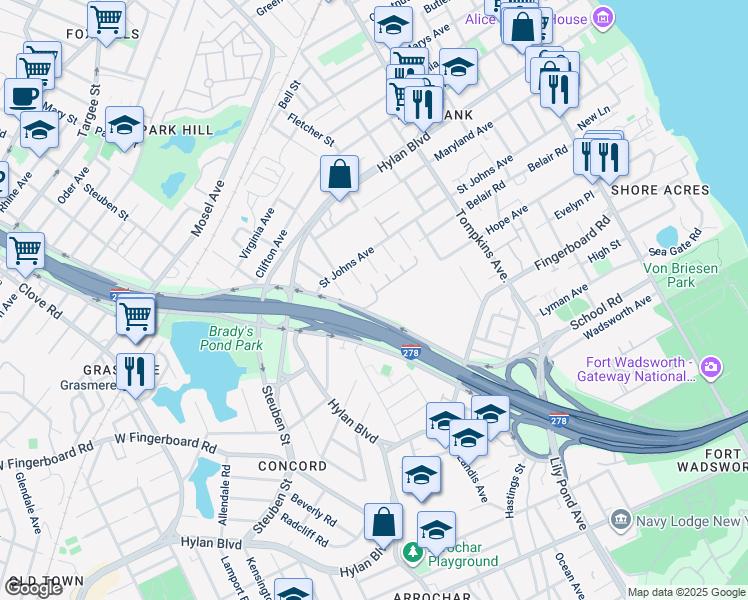 map of restaurants, bars, coffee shops, grocery stores, and more near 135 North Drive in Staten Island