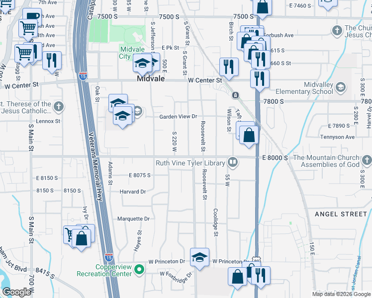 map of restaurants, bars, coffee shops, grocery stores, and more near 7976 South 175 West in Midvale