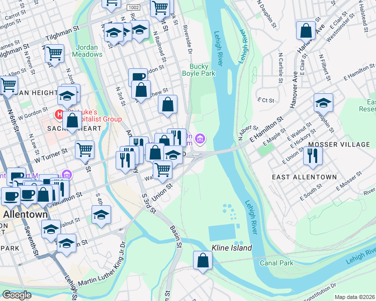 map of restaurants, bars, coffee shops, grocery stores, and more near 107 Hamilton Street in Allentown